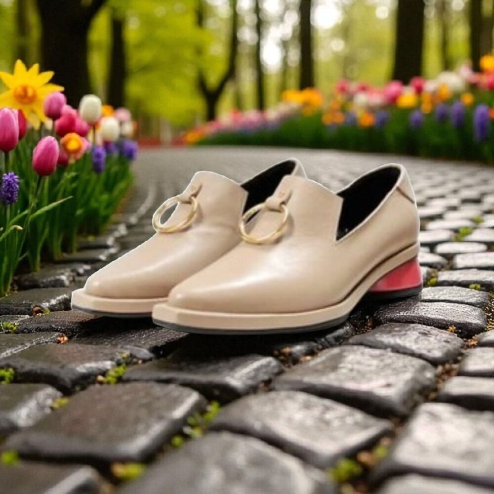 REIKE NEN Ring Detail Square Toe Loafer Leather Red Heel Beige Tan EU 36